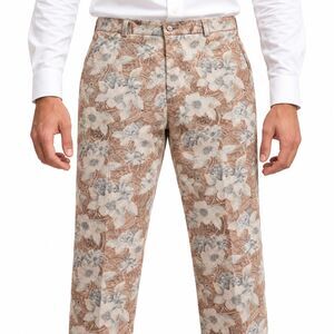 Mens 36 Beige Floral Corduroy Dress Pants Straight Fit Handmade Trousers NWT